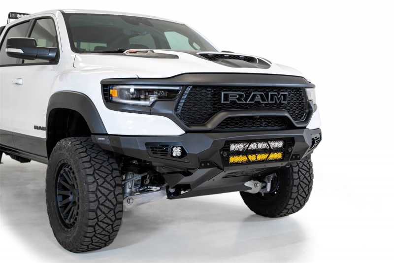 RAM 1500 TRX Bumper - Front - Addictive Desert Designs - Bomber with Dual 20-inch LED Bar Mounts - Hammer Black with Satin Black panels - `21-`27
